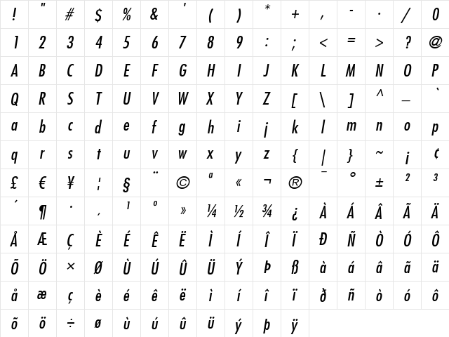 Futura LT CondensedOblique  glyph index