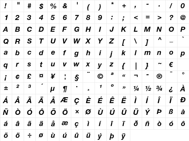 Helvetica Neue LT Pro 76 Bold Italic  glyph index