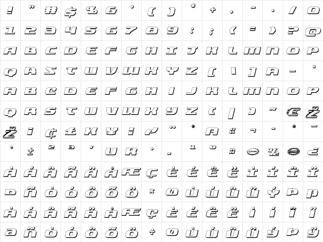 Quickening 3D Italic Italic  glyph index