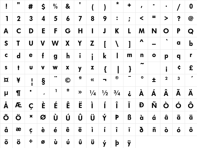 FuturaEF Heavy  glyph index