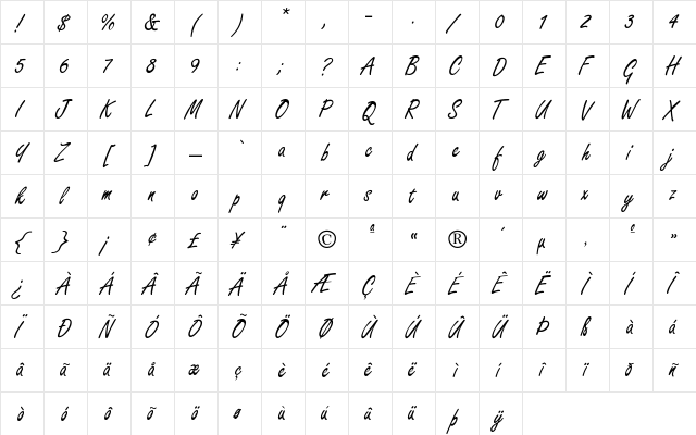 Clareshire Script Regular  glyph index