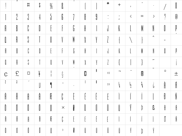 Slim Jim Normal  glyph index