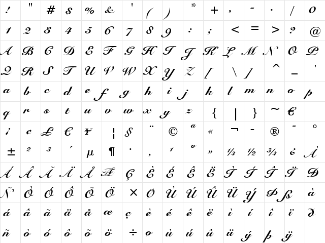 Roundhand Blk BT Black  glyph index