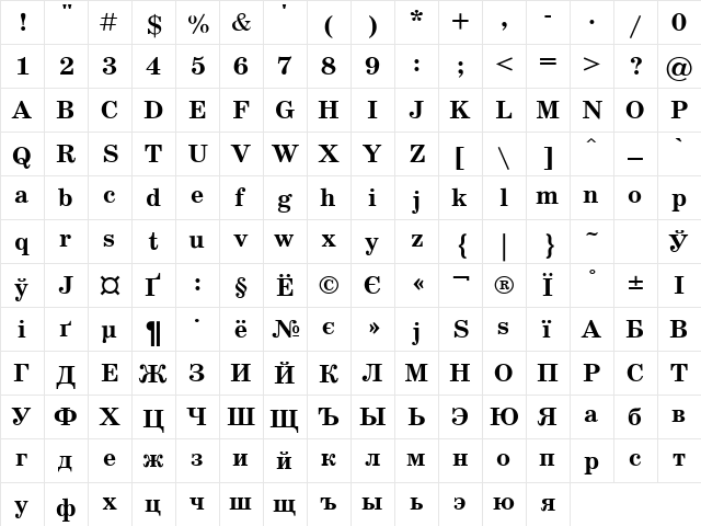 SchoolBookC Bold  glyph index