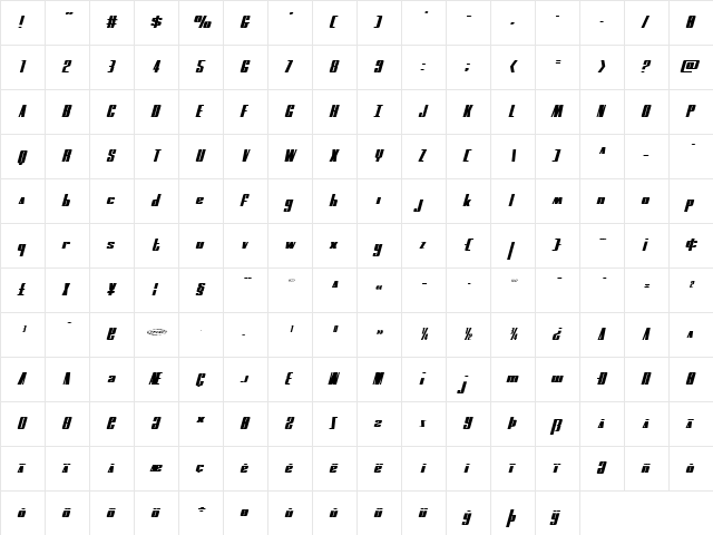 MOON Runner Extra-Squat Italic Italic  glyph index