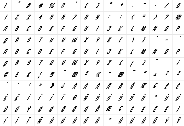 High Jersey Italic  glyph index