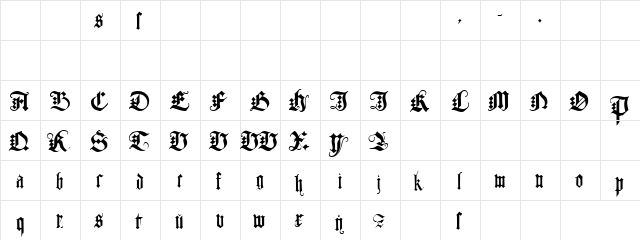 JGJ Durer Gothic Regular  glyph index
