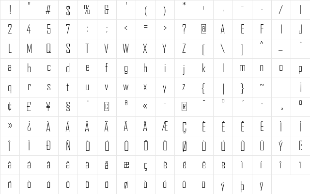 AgencyFB Light Regular  glyph index