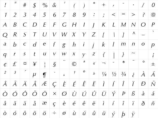 Optima LT Std Italic  glyph index