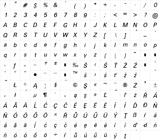 UnvEe Italic  glyph index