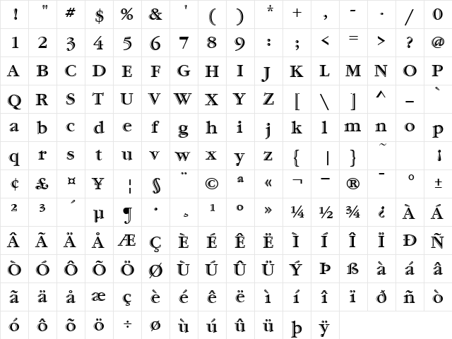 Garamond Hand ICG Regular  glyph index