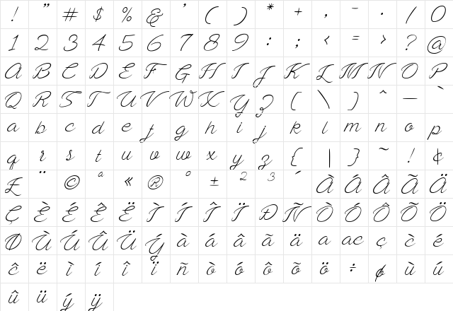 Ayla Script Regular  glyph index