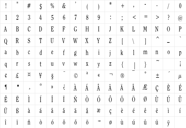 OxfordCondensed Regular  glyph index