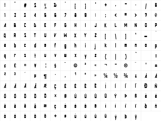 Art Regular  glyph index