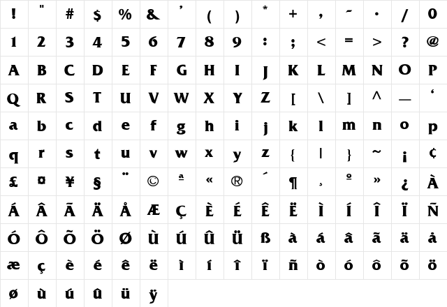 FrizQuadrata-Bold Regular  glyph index