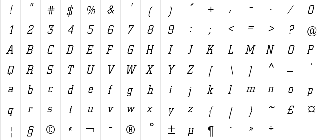 Coliseum-LightItalic Regular  glyph index