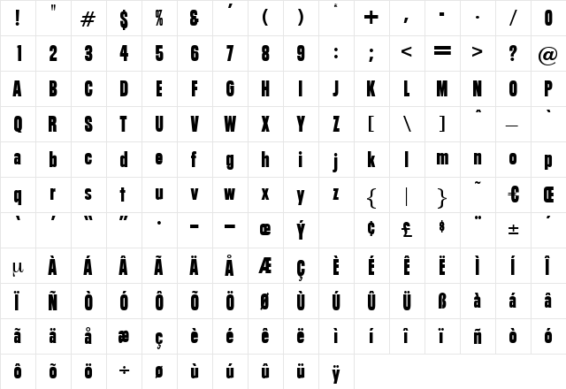 Hombre Regular  glyph index