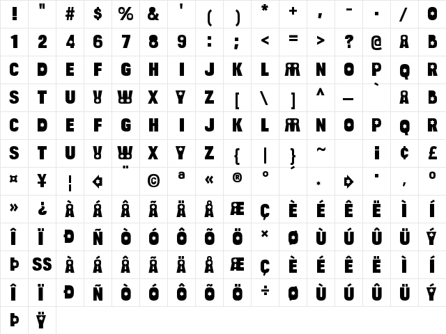 Bulltoad Shalom Regular  glyph index