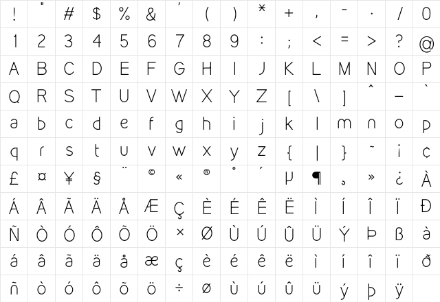 Kirvy Light  glyph index