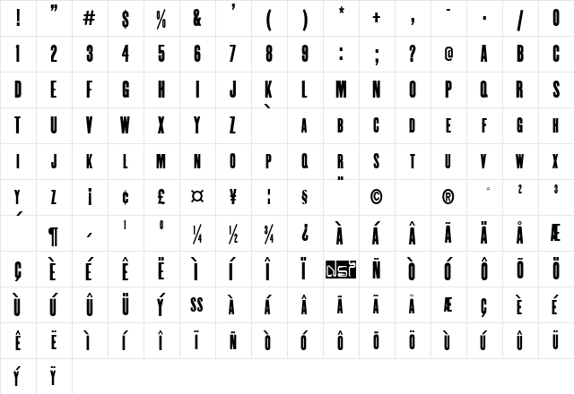 Enge Holzschrift Regular  glyph index