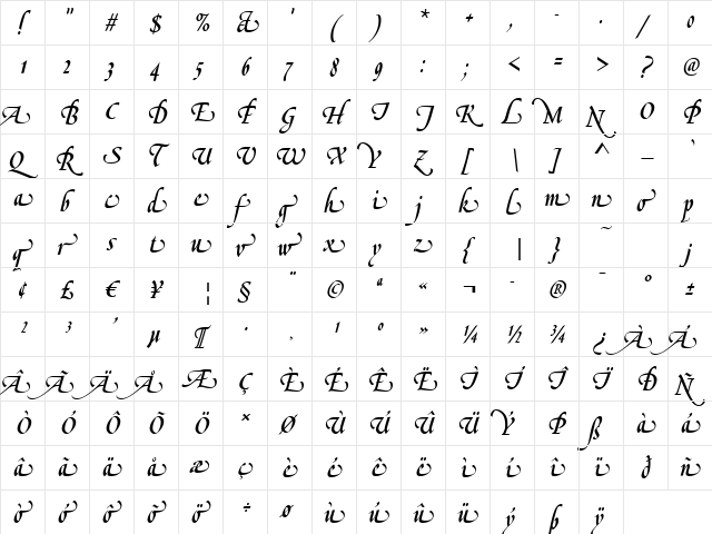 Livorno-Swash Regular  glyph index