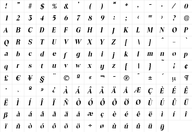 RalphBecker Bold Italic  glyph index