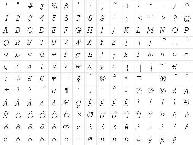 Stymie Lt BT Light Italic  glyph index