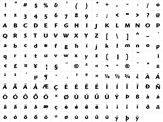 Highlander OS ITC TT Bold  glyph index