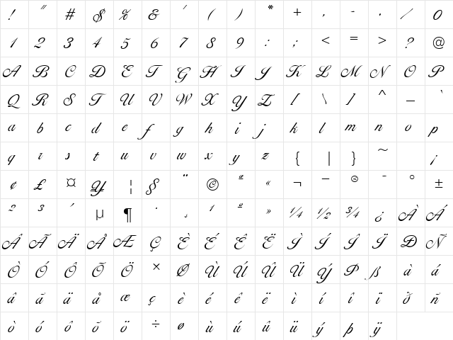 Ballantines Script EF Light Regular  glyph index