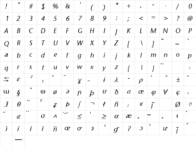 Aldrich Italic Regular  glyph index