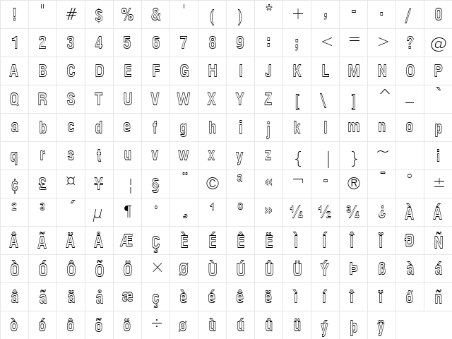 Swis721 BdCnOul BT Bold Outline  glyph index