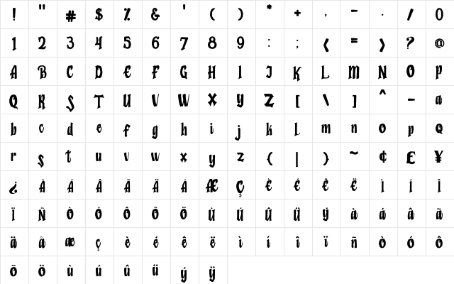 Humingson Regular  glyph index