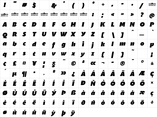 Malik Trial Heavy Display Italic  glyph index