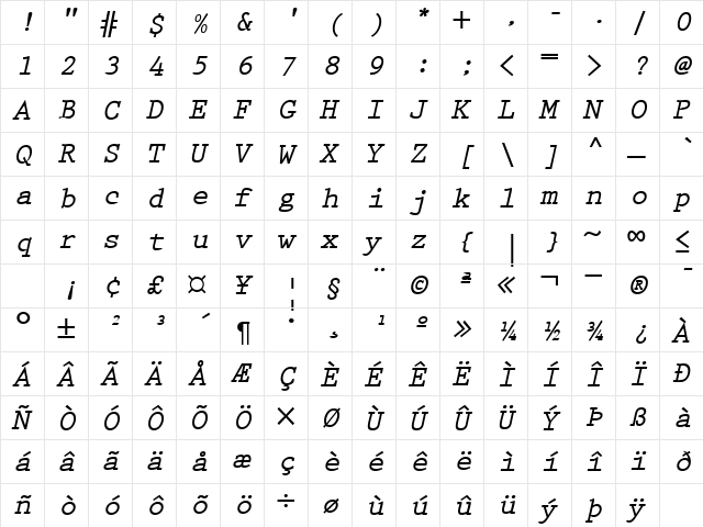 PrestigeTwo BoldItalic  glyph index