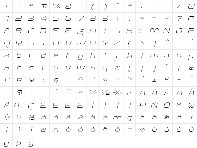 AunchantedThinExpandedOblique Regular  glyph index