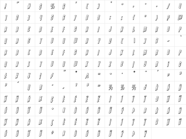 Rhinoclops 3D Italic Regular  glyph index