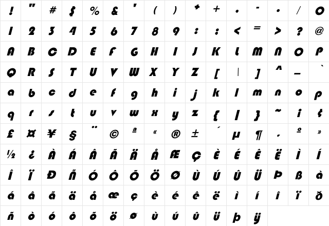 BlippoObl-Heavy Regular  glyph index