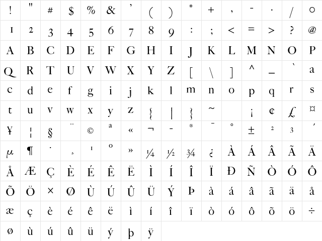 FCaslon Fortytwo ITC Std Regular  glyph index