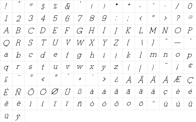 Stymie-Italic Regular  glyph index