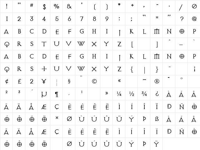 Exocet Light  glyph index