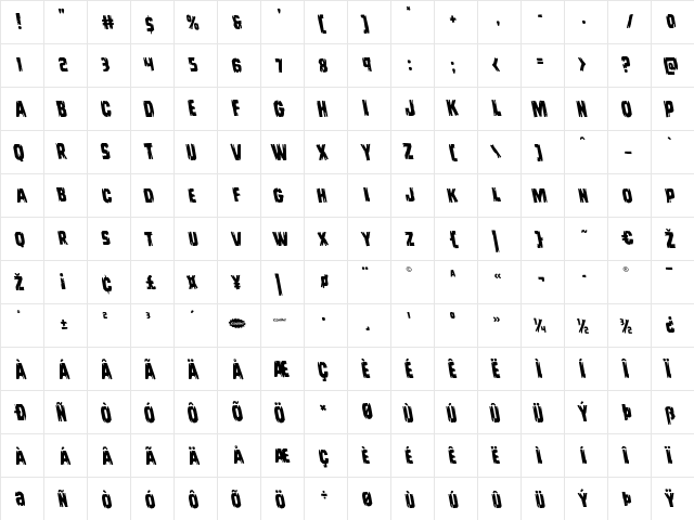 Leatherface Leftalic Italic  glyph index