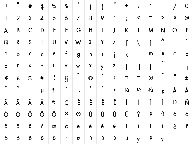 Beau-Condensed Bold Italic  glyph index