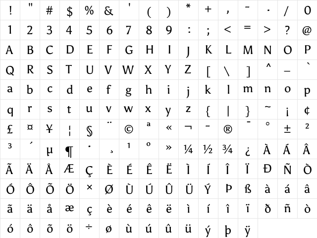 Asul Regular  glyph index