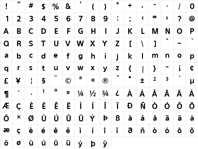 Eau Sans Bold Lining  glyph index