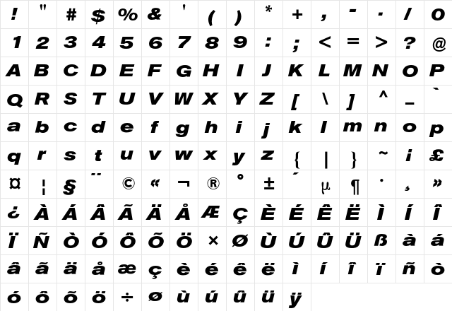 Akzidenz-Grotesk Extended BQ Regular  glyph index