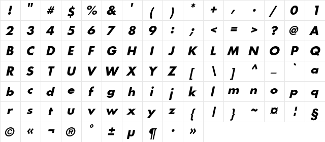 FortuneC Bold Italic  glyph index