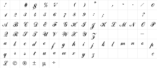 Grimpar Regular  glyph index