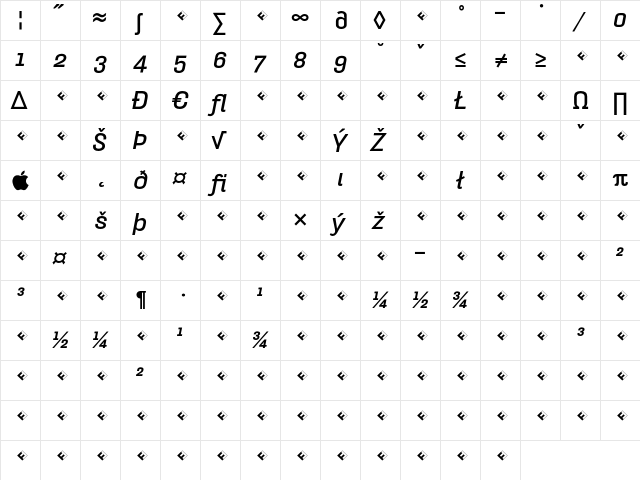 HydraText-BoldItalicExpert Regular  glyph index