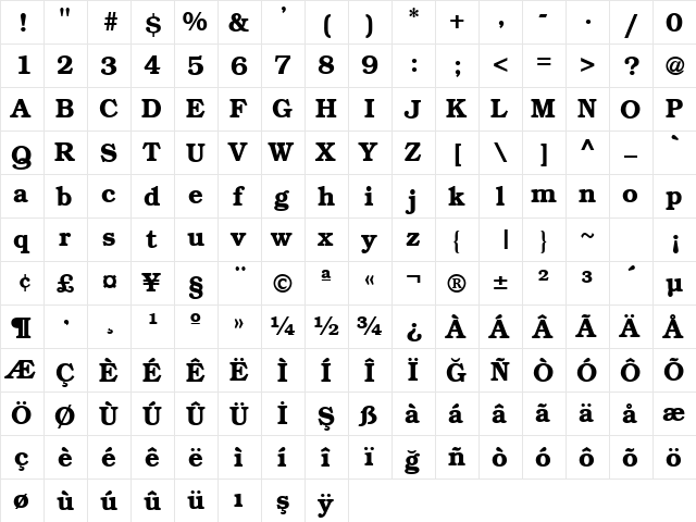 TR Bookman Bold  glyph index