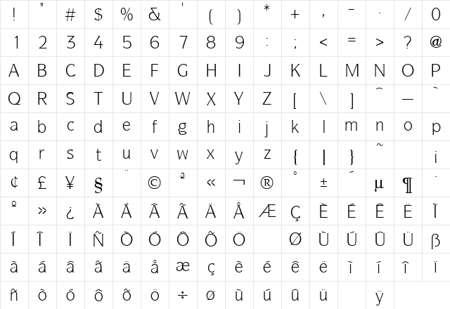 Symbol ITC Regular  glyph index